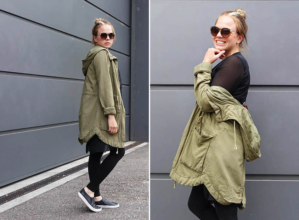 Herbst Outfit 2015 allblack Parka Flats schwarz casual