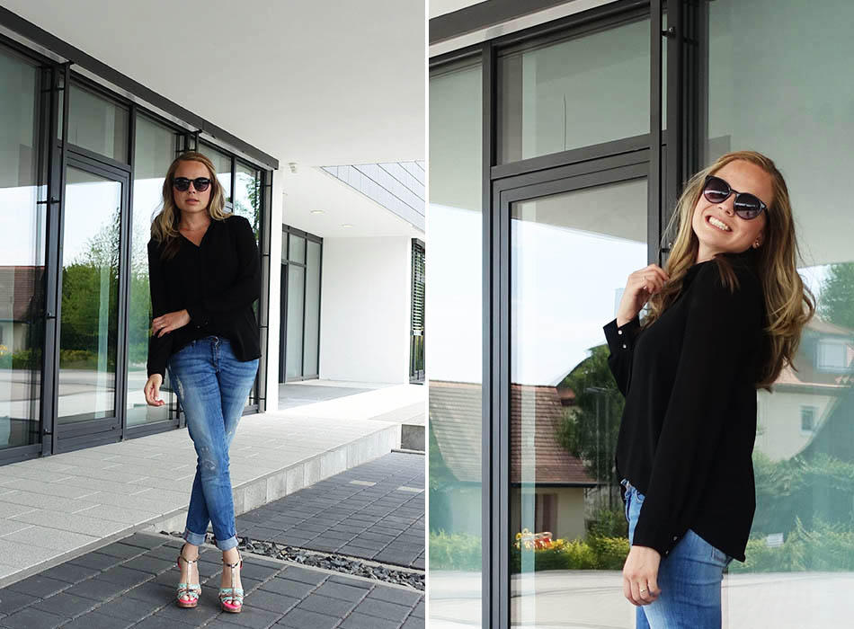 Schwarze Bluse und Boyfriend Jeans ekulele fashionblogger mango heels neon mamablogger